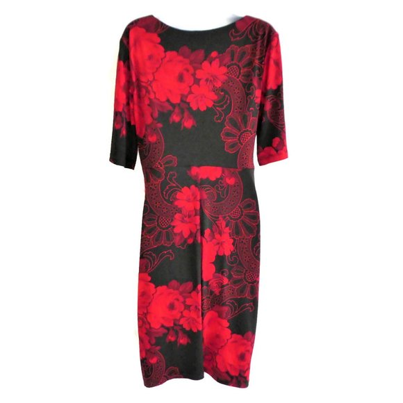 Vintage 90s Dress Asymmetrical Red Black Tulip Faux Wrap L - Picture 4 of 8